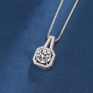Detailed close-up of a silver square halo pendant necklace with brilliant round cut zircon