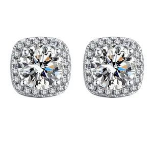 Detailed view of luxury square halo stud earrings featuring sparkling round center stones