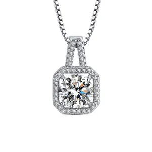 Detailed close-up of a brilliant round zircon necklace with square halo pendant design