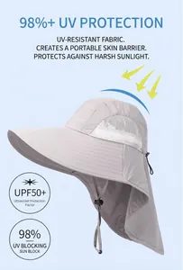 Professional grey outdoor sun hat with wide brim and neck flap for UV protection