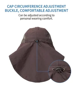 Detail showing adjustable drawstring buckle on brown outdoor sun hat with neck flap.