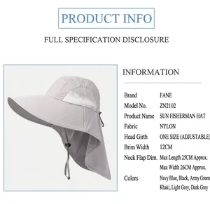 Detailed product specifications and size chart for outdoor sun hat with neck protection