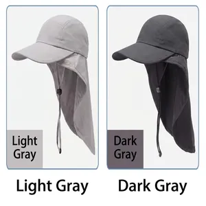 Detail view showing light grey and dark grey sun protection hats with neck covers.
