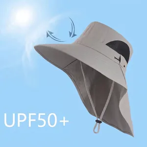Grey outdoor sun hat with wide brim and neck flap protection