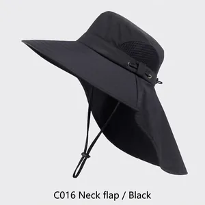 Black outdoor sun hat with wide brim and neck flap providing full sun protection