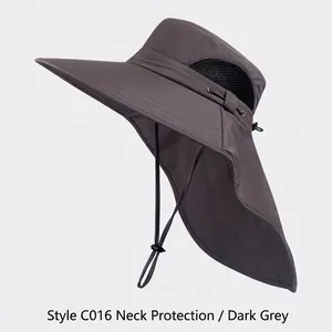Dark grey outdoor sun hat with large brim and neck protection flap for fishing