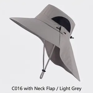 Detail view of light grey outdoor sun hat with wide brim and protective neck flap