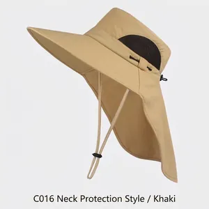 Outdoor khaki wide-brim sun hat with neck protection and breathable mesh detail view