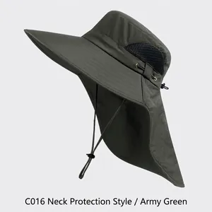 Side view of army green outdoor sun hat with wide brim and protective neck flap