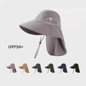 UPF 50+ sun protection hat with large brim and neck flap for fishing