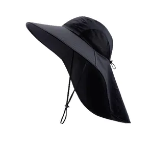 Black men's outdoor sun protection hat with wide brim and neck flap for fishing