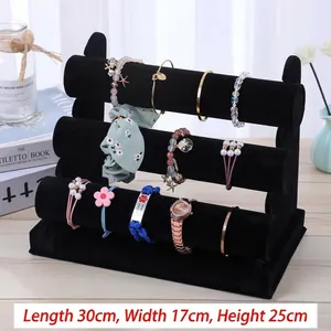 Présentoir à bijoux à 3 niveaux en velours noir pour bracelets avec dimensions