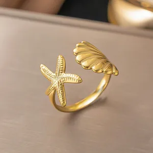 Detailed view of the 18K gold-plated starfish and seashell open ring in titanium steel