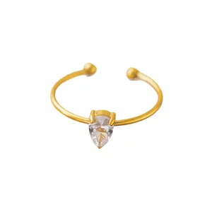 Adjustable 18K gold plated titanium steel ring with pear-cut cubic zirconia and beads