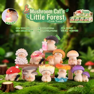 Detailed view of mushroom cat blind box figurines in a forest themed desk display