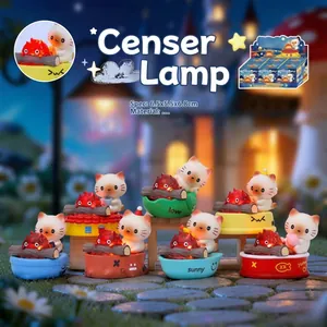 Cute cat blind box figurines with miniature campfire lights set of 8 styles