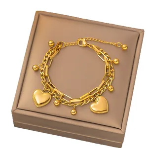 18K gold plated heart charm double layer bracelet for women on jewelry box