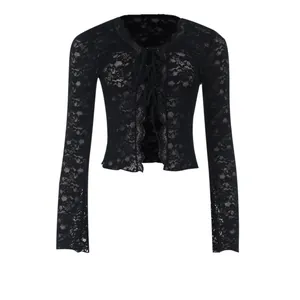 Elegant French style black lace long sleeve cardigan featuring a sexy front tie slim fit