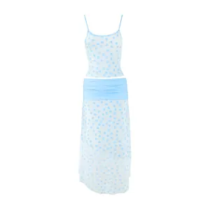 Summer blue polka dot print camisole and matching contrast waist long skirt two-piece set