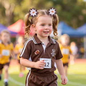 Petite fille portant des nœuds à cheveux en ruban gros-grain thème football