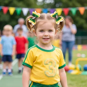 Paire de barrettes à paillettes vertes thème football de sport sur une fillette coiffée