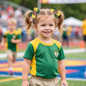 Fillette avec nœuds de cheveux en ruban gros-grain vert et jaune à motif football