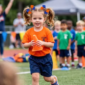 Petite fille portant des barrettes nœuds sport avec motif de football américain.