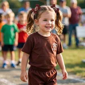 Fillette portant des barrettes à cheveux en ruban bordeaux avec motif de football