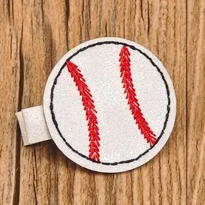 Sparkling white glitter baseball hair clip with red embroidery for kids sports theme