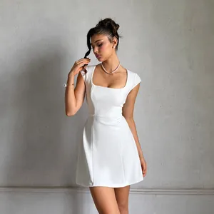 Elegant minimalist white square neck A-line mini dress for a chic and slim silhouette