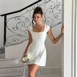 Elegant white square neck mini dress with a slimming A-line silhouette for women