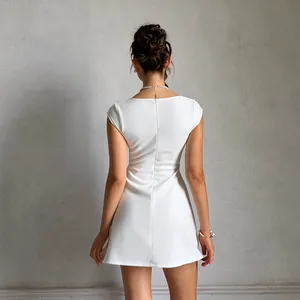 Elegant white square neck A-line mini dress with a waist-slimming fit shown from the back