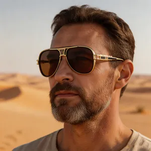 Vintage-Pilotensonnenbrille mit goldenem Metallrahmen und braunen Gläsern am Mann