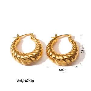 Detailed view of hypoallergenic textured titanium steel hollow hoop earrings with gold finish