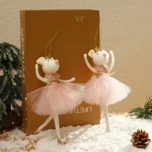 Cute Ballet Mouse Hanging Ornament With Pink Tutu Skirt Golden Crown Felt Figurine For Christmas Tree Home Party Decoration
