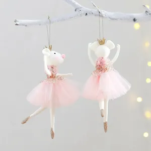 Adorable white ballerina mouse ornament with pink mesh tutu and a golden crown decoration