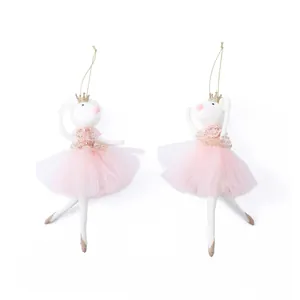 Pair of adorable mouse ballerina ornaments with pink tulle skirts and gold crowns