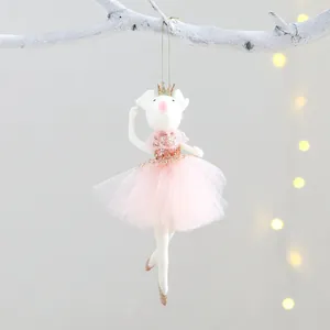 Handmade pink tutu mouse ballerina ornament with gold crown for Christmas tree decoration