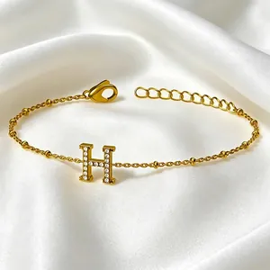 Initial Letter Bracelet Stainless Steel Zirconia Inlaid Gold Plated Beaded Adjustable Chain Fashion Jewelry For Women