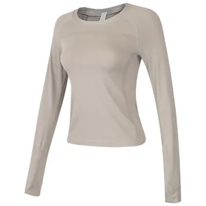 Haut de Fitness Manches Longues sans Couture pour Femmes Séchage Rapide Nylon Élasthanne T-Shirt Yoga Nervuré Coupe Ajustée Top Sport