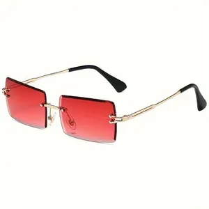 Occhiali da sole quadrati senza montatura alla moda con lenti rosse
