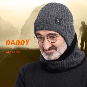 Warm men's winter knitted beanie hat and neck warmer set for elderly fathers.