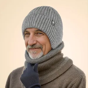 Detailed view of men's grey winter knit beanie set with matching scarf and gloves