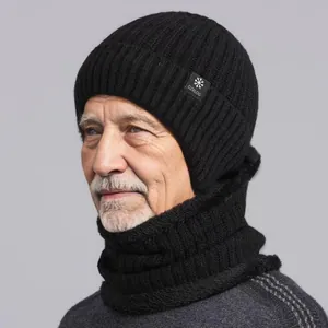 Detail view of winter knit beanie and neck warmer set on model, thick fleece lining