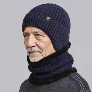 Men's winter knit beanie with ear protection and fleece lined neck gaiter set