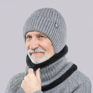 Winter thick knitted beanie hat and neck warmer set for men with warm fleece lining