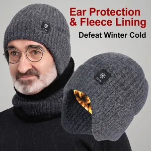 Winter Warm Knitted Beanie Hat For Men Elderly Fleece Lined Thickened Outdoor Ear Protection Cap Cold Weather Headwear