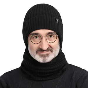 Warm thick men's thermal knitted beanie hat and matching neck warmer set for winter