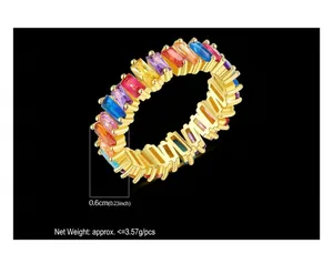 Detailed view of gold plated rainbow eternity ring with baguette cut zirconia stones