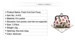 Detailed product specifications of a cute fruit-patterned PU leather mini coin purse